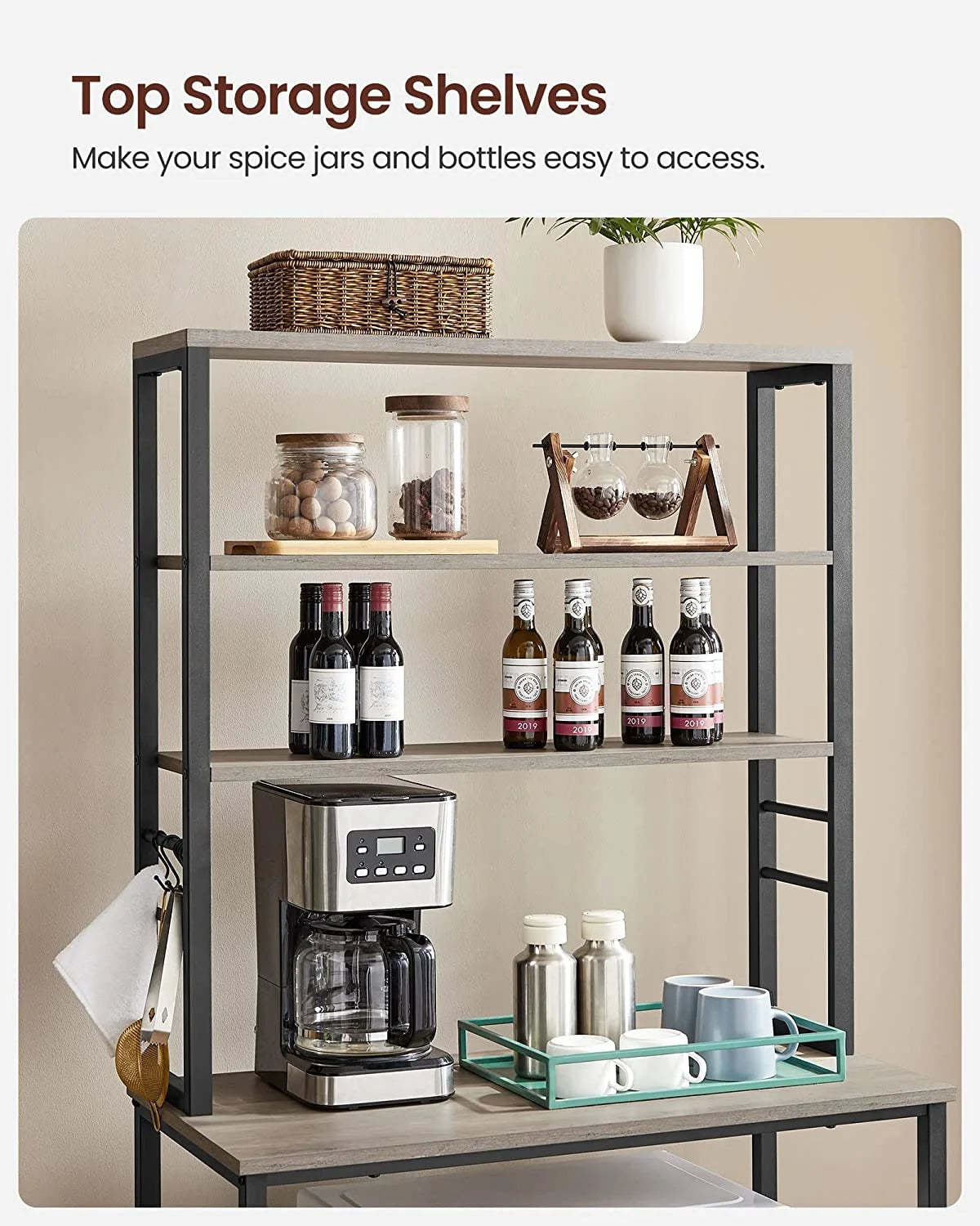 6-Tier Greige and Black Kitchen Shelves with 6 Hooks B49586
