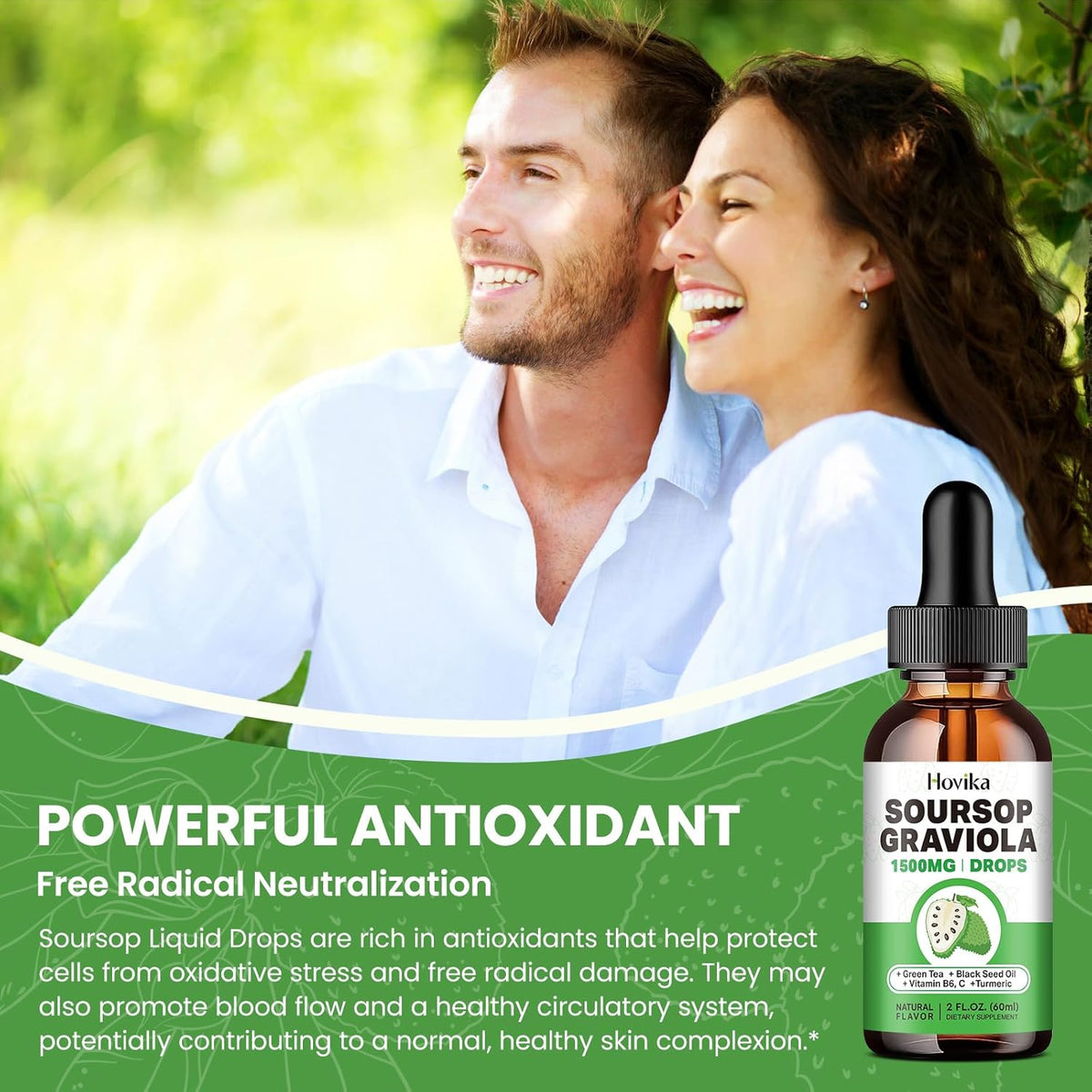 Soursop Graviola Liquid Drops 1500mg with Green Tea, Black Seed Oil, Turmeric, Natural-B Flavor 2 Fl Oz J460