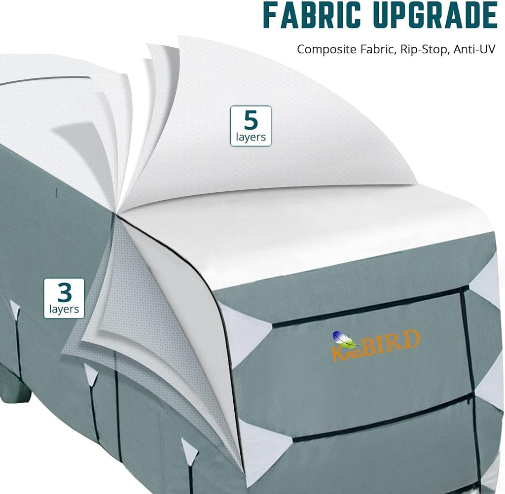 5th Wheel RV Cover, Extra-Thick 5 Layers Anti-UV Top Panel, Fits 28.5'-32.5' Motorhome with 2Pcs Extra Straps & 4 Tire Covers L171