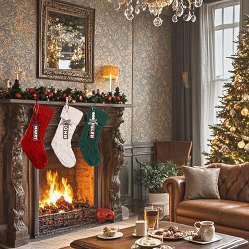 Set of 6 White Red Green 18" Cable Knitted Christmas Stockings with Wooden Name Tags Z930676