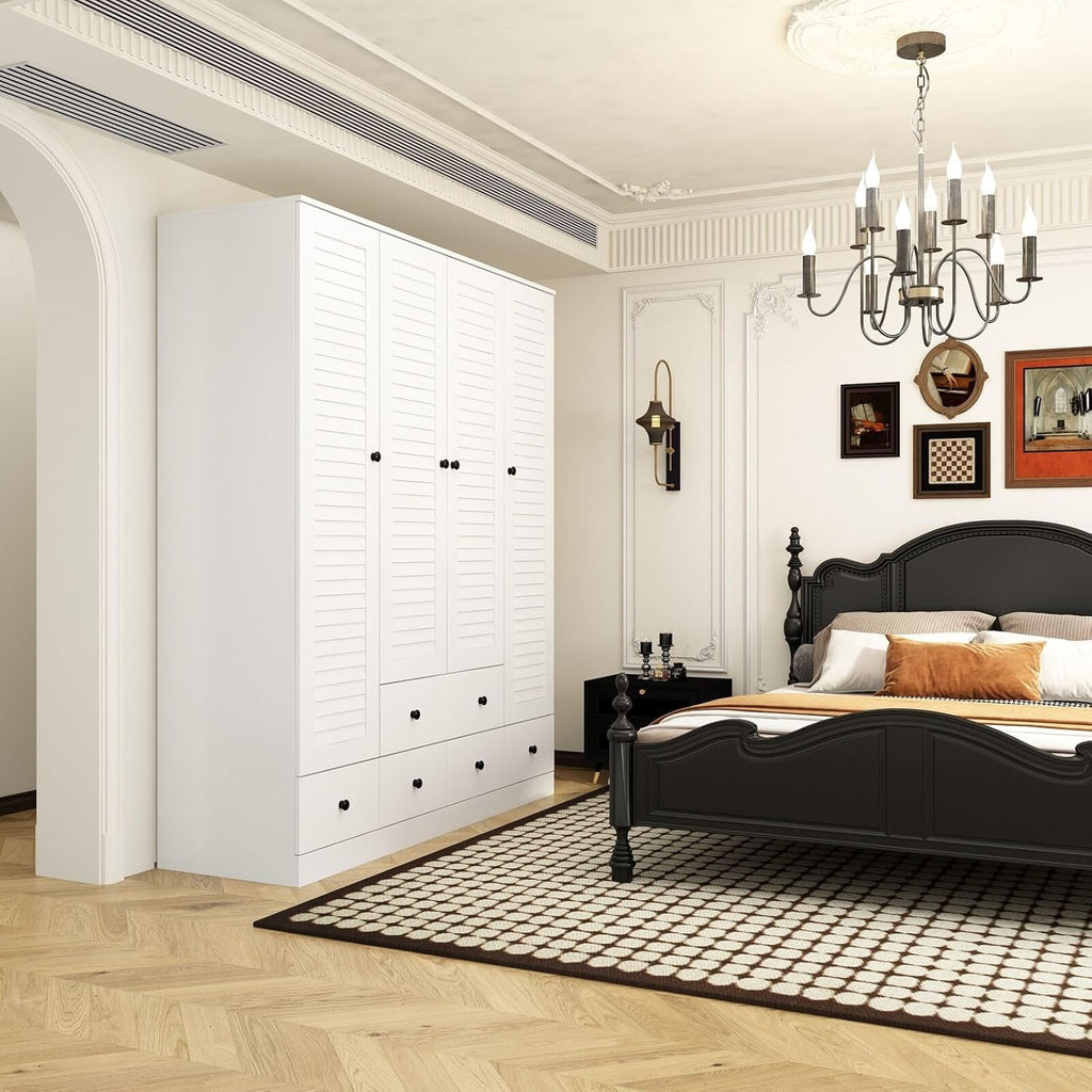 Rustic White Slat Door Wardrobe with 5 Drawers and 4 Doors Q788239