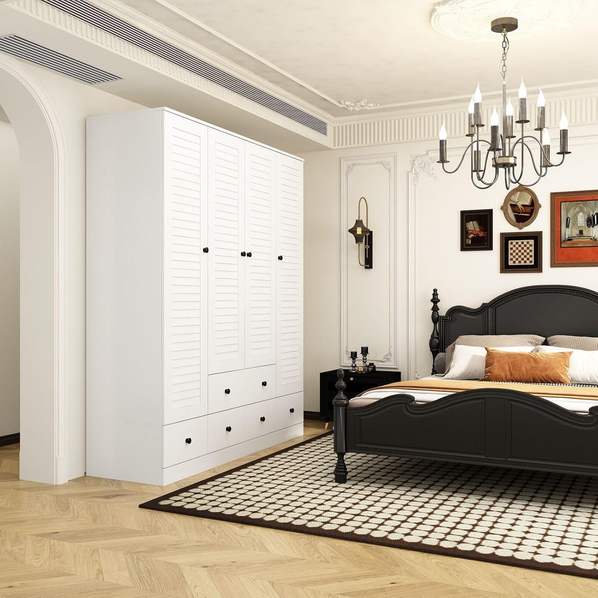 Rustic White Slat Door Wardrobe with 5 Drawers and 4 Doors Q788239