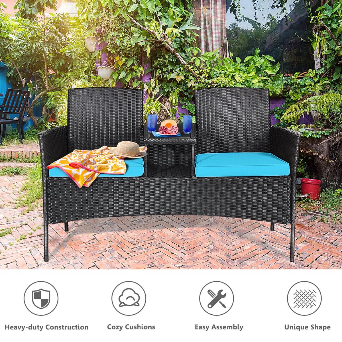 Rattan Wicker Patio Conversation Set with Table Turquoise Cushion M827