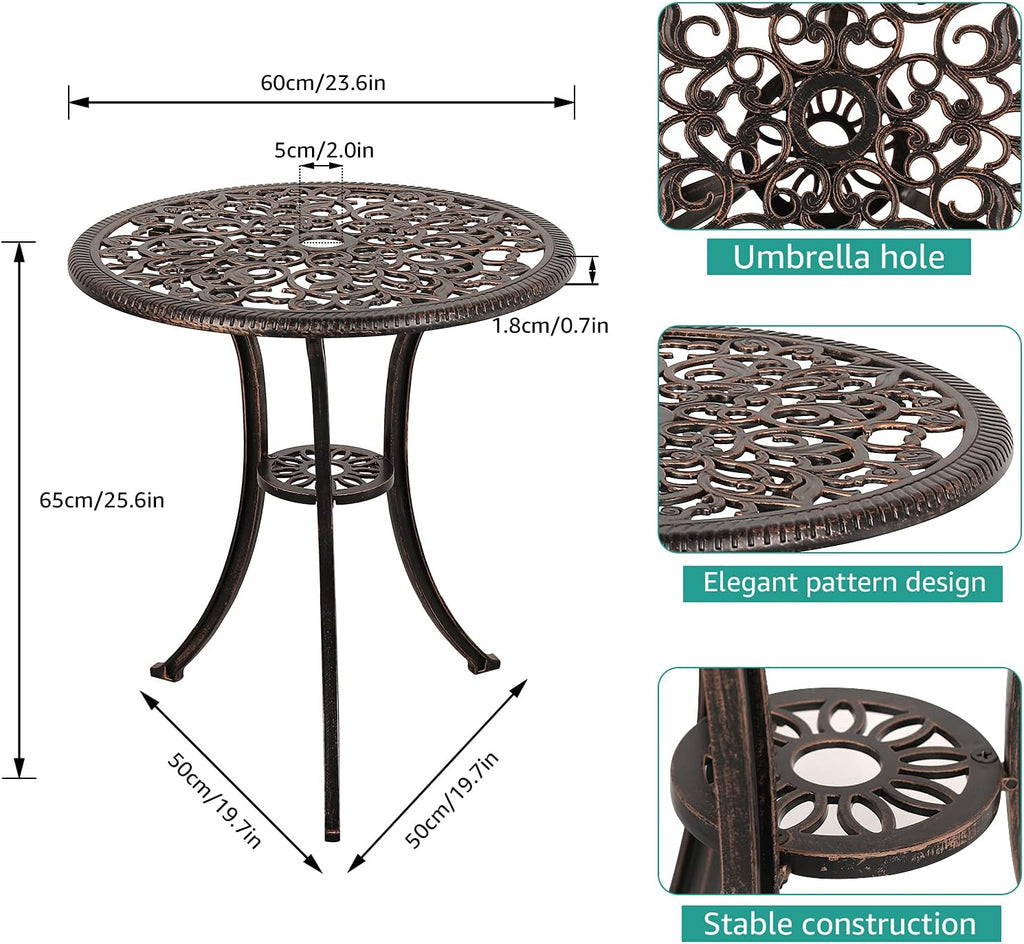 3 Piece Outdoor Cast Aluminum Bistro Set with Umbrella Hole, Bronze U787921