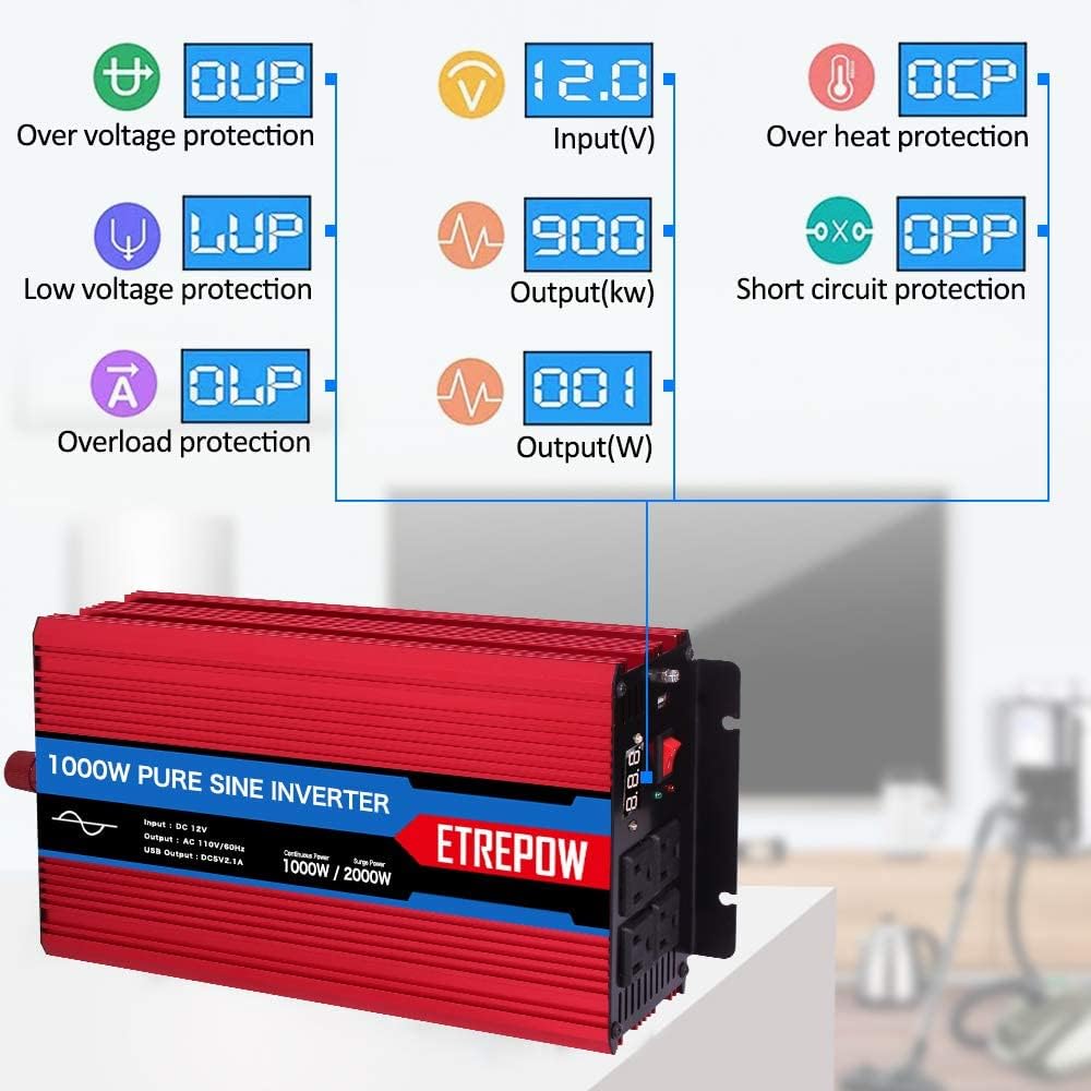 1000 Watt Pure Sine Wave Power Inverter 12V DC to 110V AC Q203