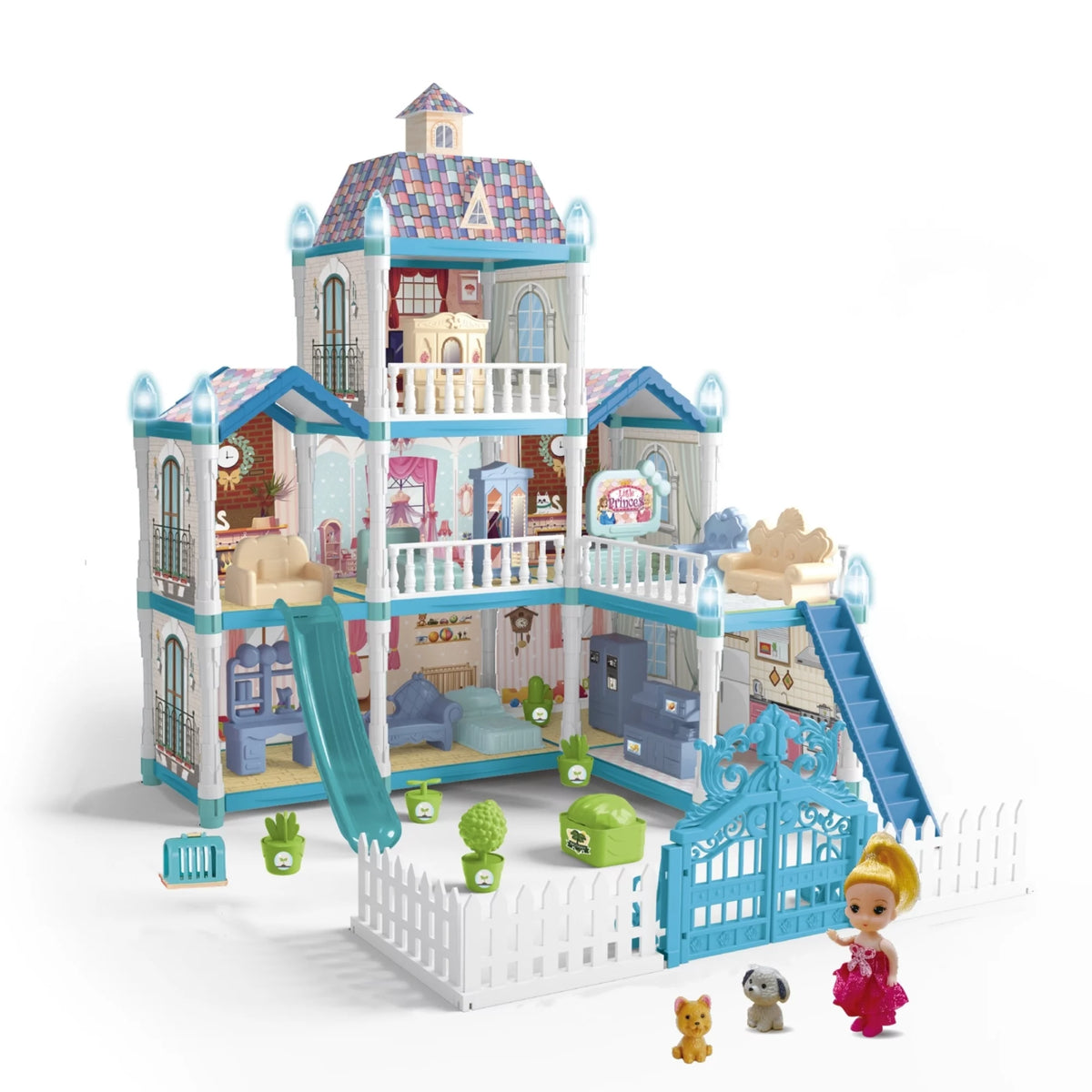 8 Room Dollhouse Play Set with Slide Doll and Furniture Accessories, 191 Pcs P717608