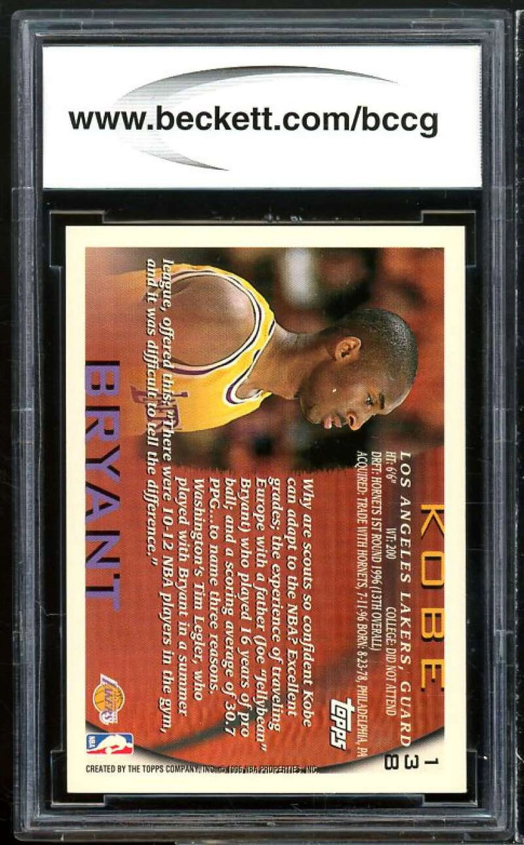 1996-97 Topps #138 Kobe Bryant Rookie Card BGS BCCG 9 Near Mint+ B8038