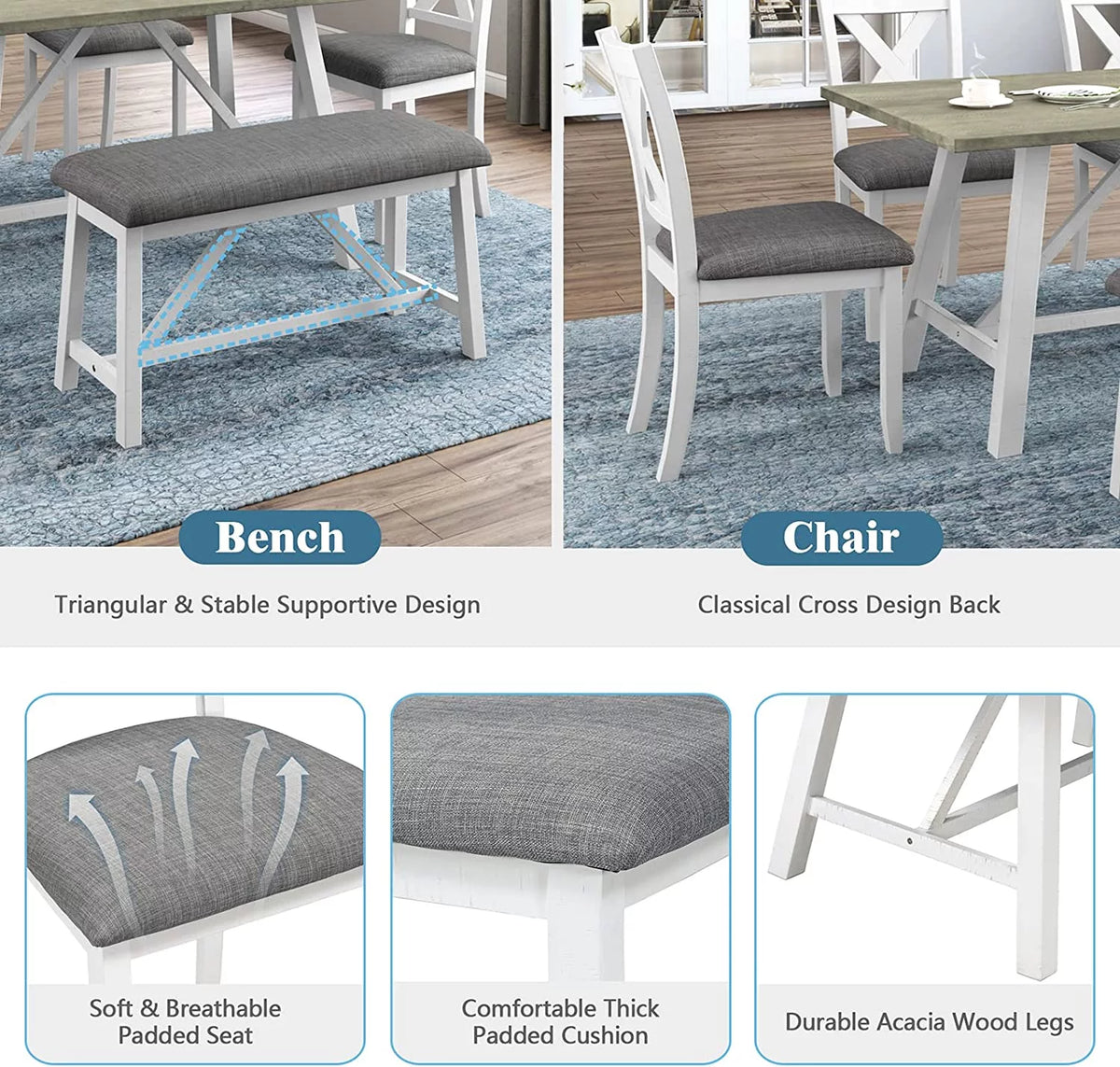 6 Piece White Gray Wood Dining Table Set with Bench and 4 Chairs M47923