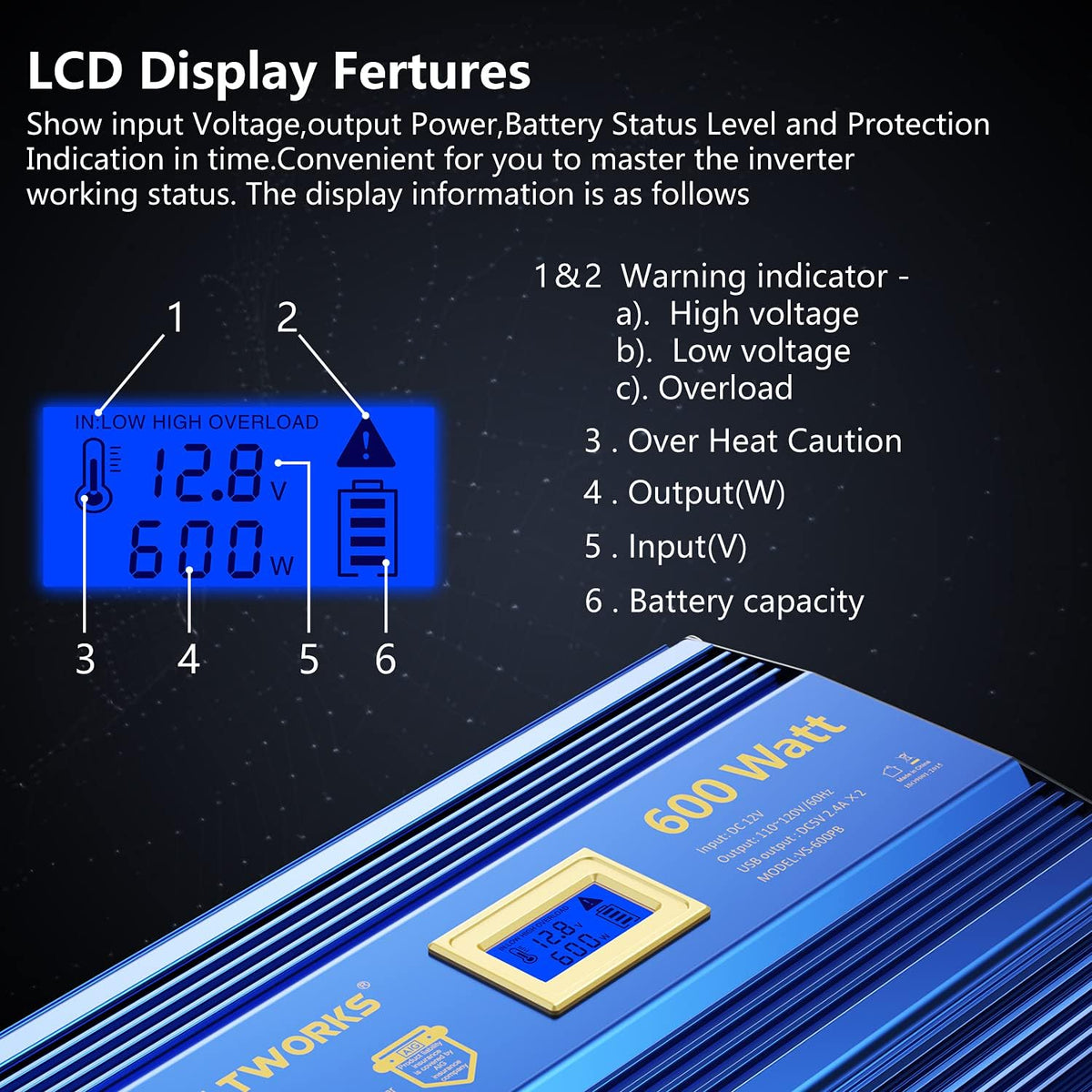600 Watts Pure Sine Wave Power Inverter DC 12V to AC 110V 120V with USB Port & LCD Display G7590
