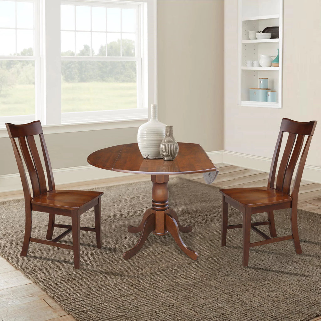 Solid Wood 3-Piece Dining Set with Dual Drop Leaf Table and 2 Splat Back Chairs J7859