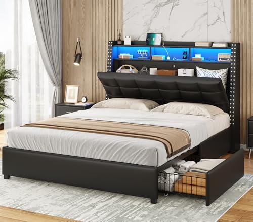 Gray Queen Bed Frame with Storage Headboard and 4 Drawers Z124