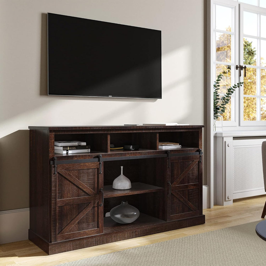 Stone Grey TV Stand with Sliding Barn Door and Storage Cabinets T99637