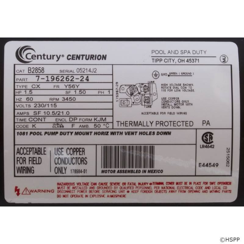 Pump Motor, 1-1/2 HP, 3450, 115/230 V, 56Y T41604