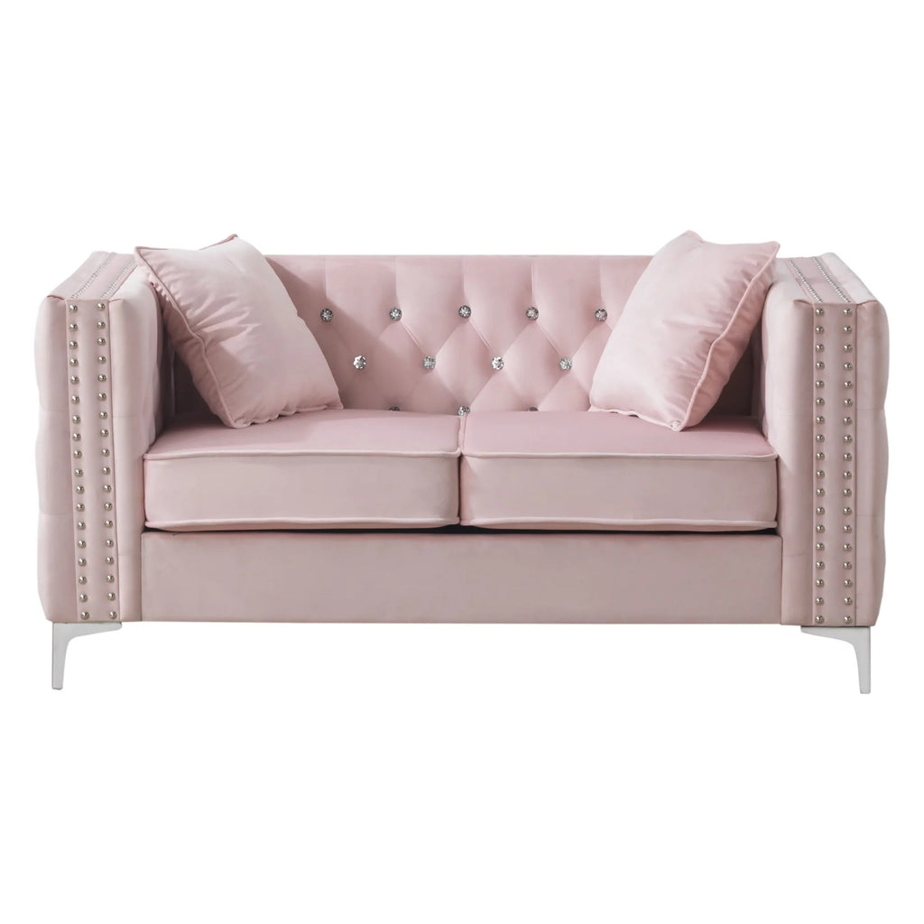 Pink Velvet 2-Seater Sofa with 2-Throw Pillow V357085