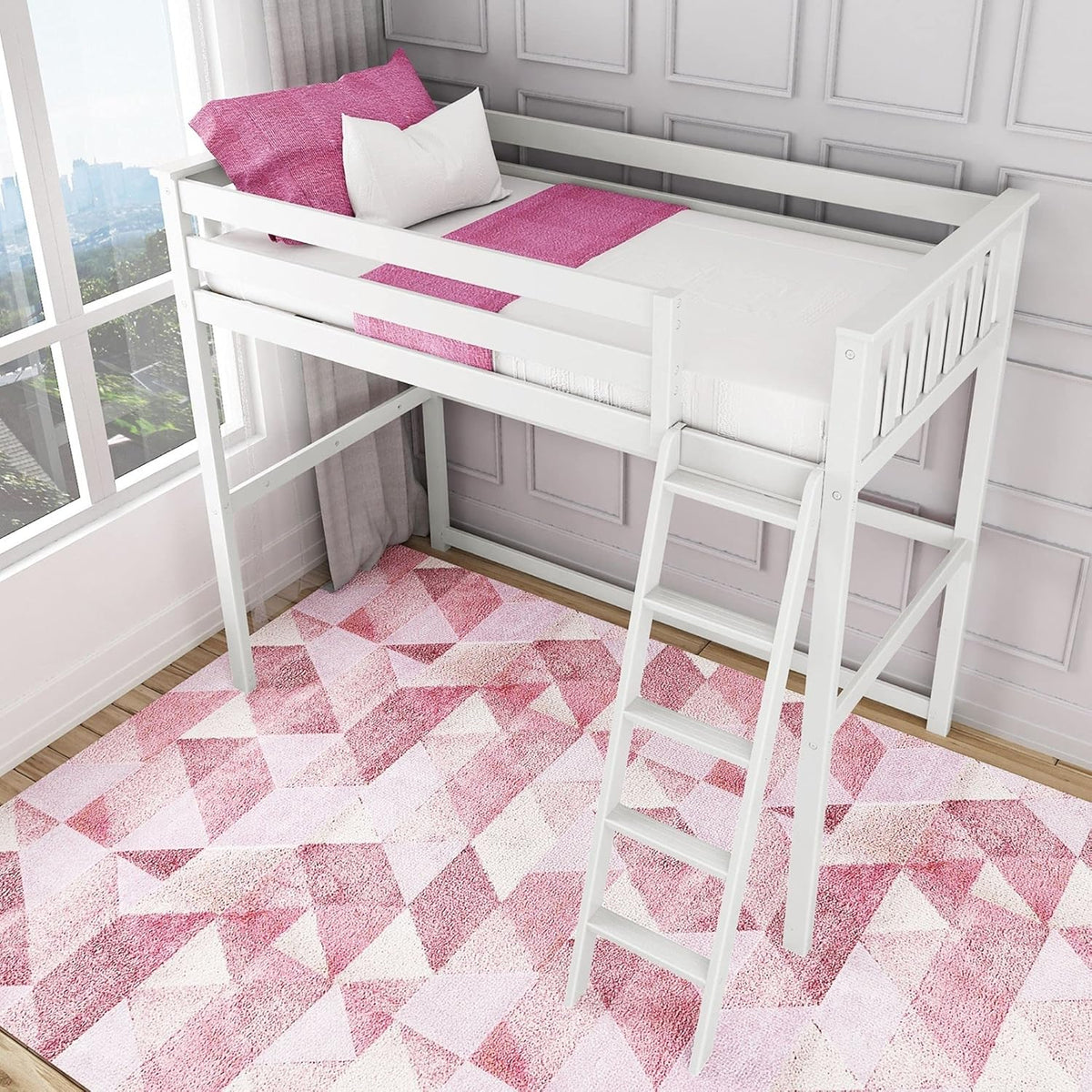 White Twin High Loft Bed with Bookcase and Desk Y64685