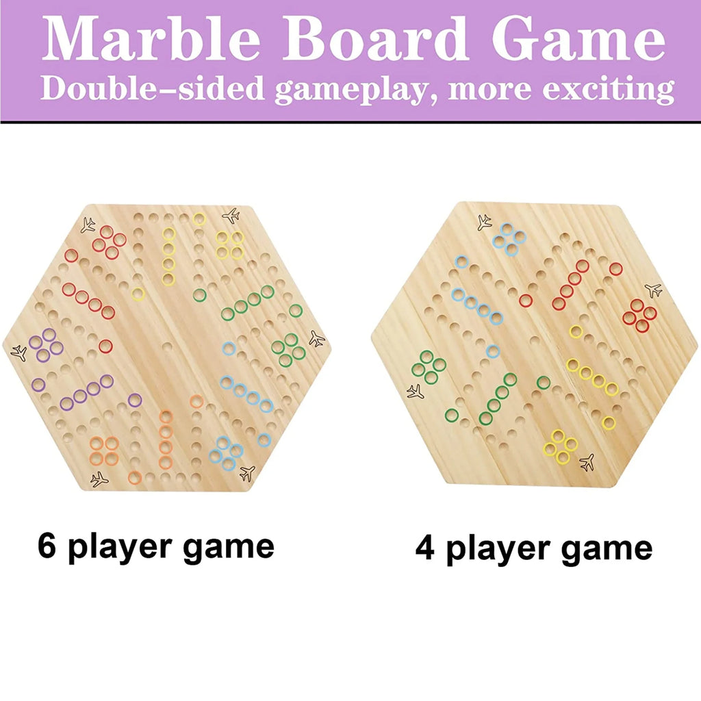 Double Sided Painted Wooden Fast Track Board Game for 6 and 4 Players 6 Colors 24 Marbles 6 Dice (Oak) J82652