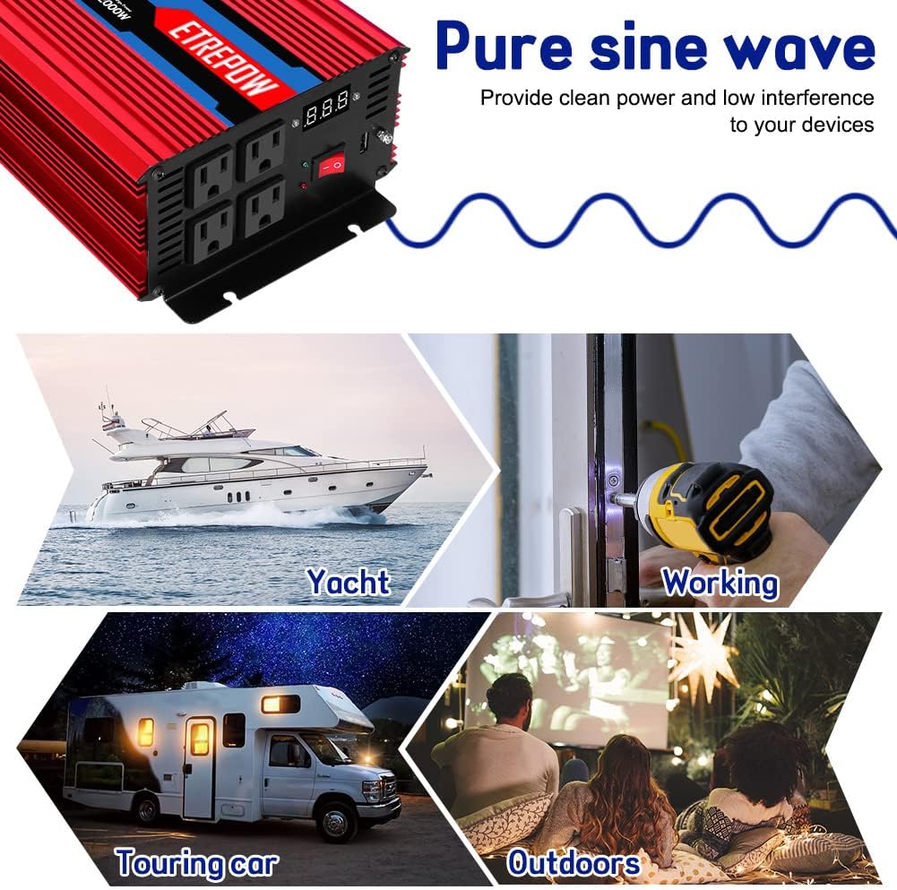 1000 Watt Pure Sine Wave Power Inverter 12V DC to 110V AC Q203