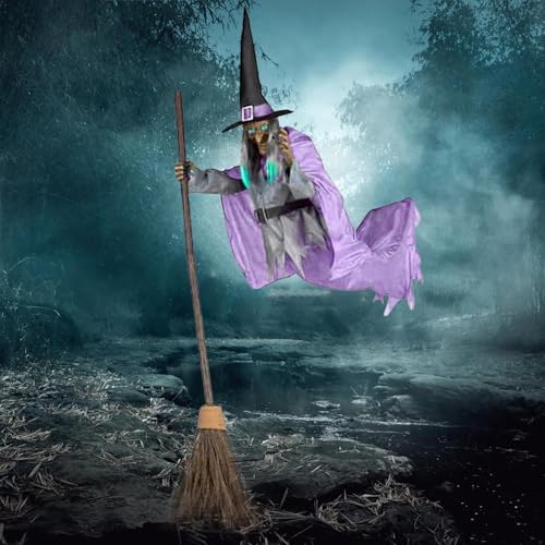 6FT Animated Flying Witch Halloween Decor with Scary Sounds and Lights X288