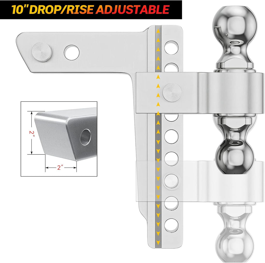 Adjustable Trailer Hitch Ball Mount, 2.5-Inch Receiver, 8-Inch Drop, 8-Inch Rise, Dual Towing Balls with Double Pin Key Locks H10246