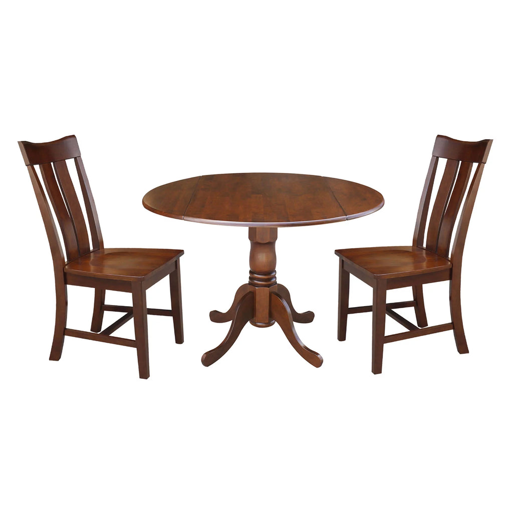 Solid Wood 3-Piece Dining Set with Dual Drop Leaf Table and 2 Splat Back Chairs J7859