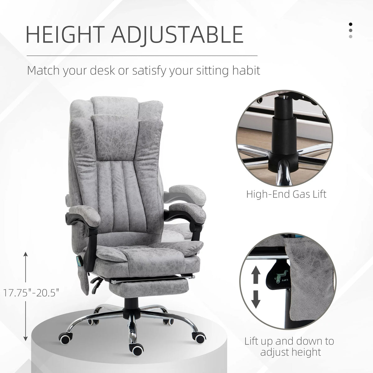 Gray Microfiber High Back Office Chair with Massage and Footrest A375