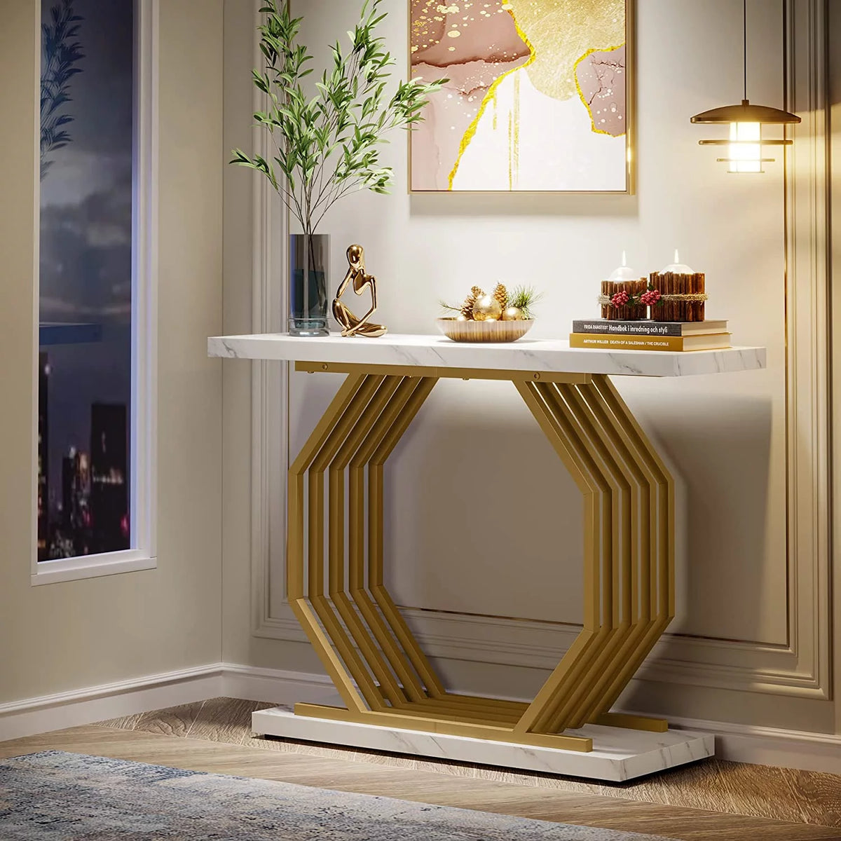 Gold 40 inch Faux Marble Console Table E3360