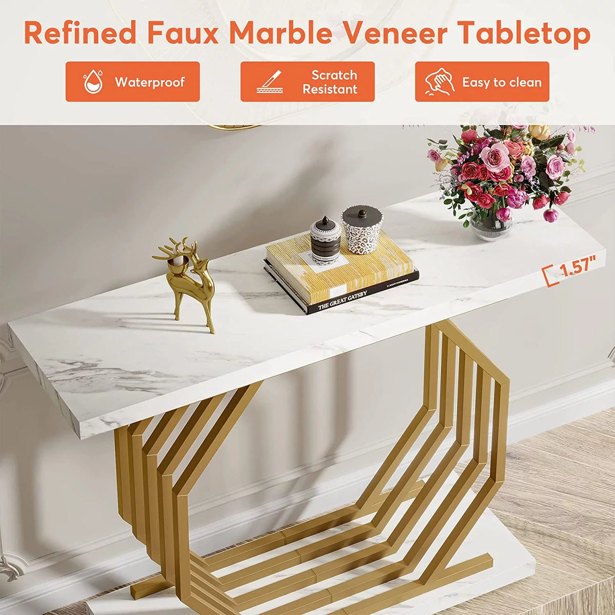 Gold 40 inch Faux Marble Console Table E3360