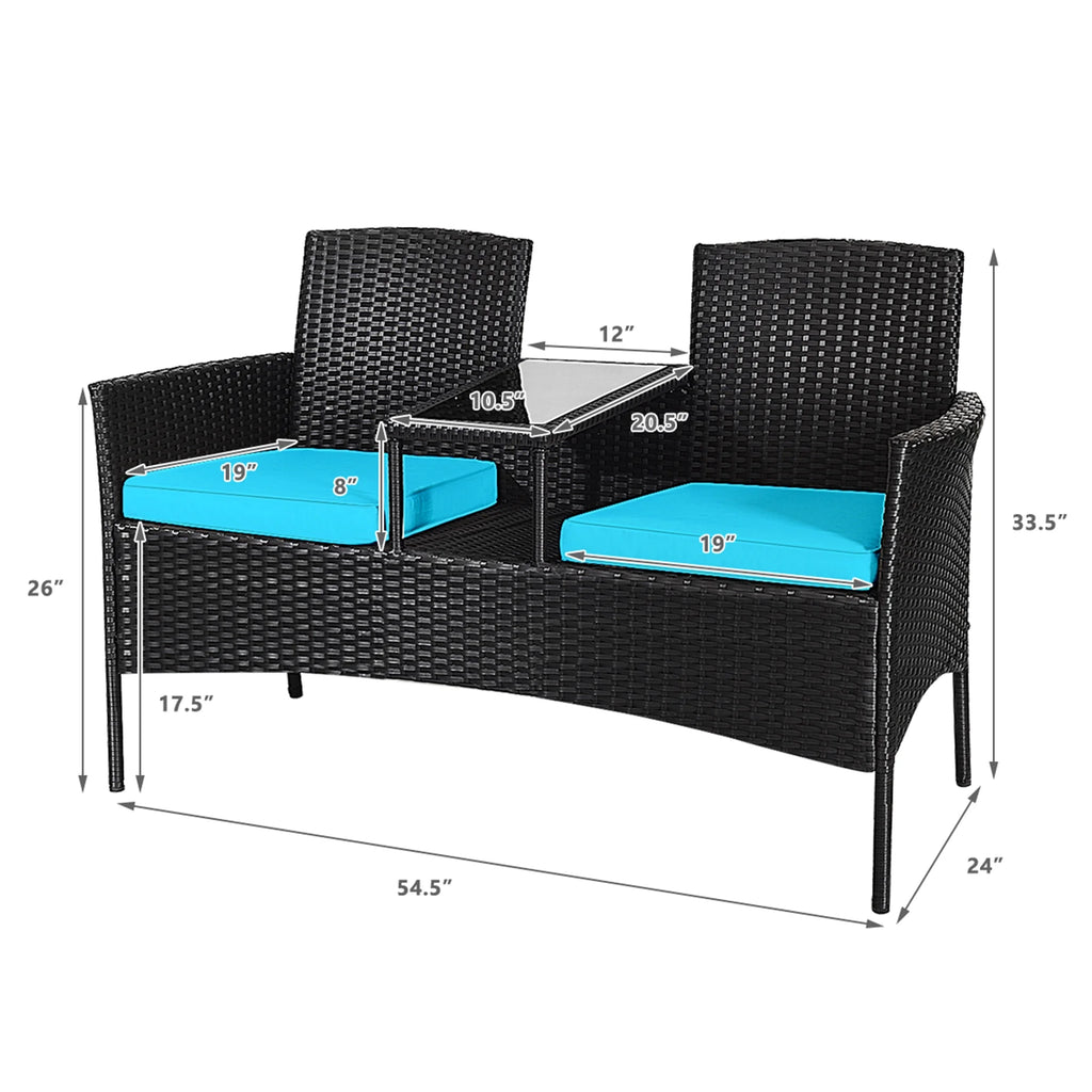 Rattan Wicker Patio Conversation Set with Table Turquoise Cushion M827