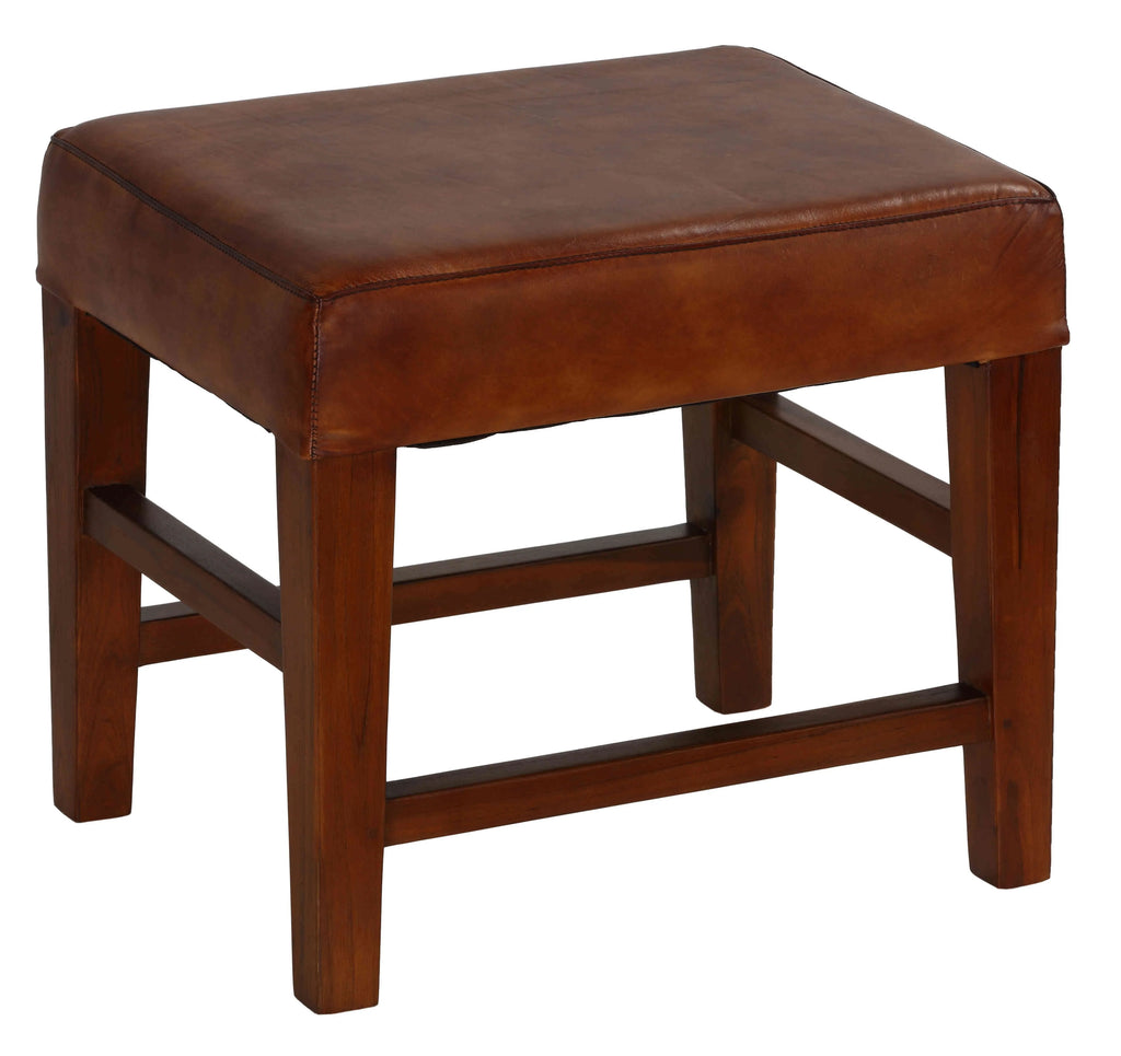 Genuine Leather Ottoman with Solid Teak Wood Legs, Brown O193
