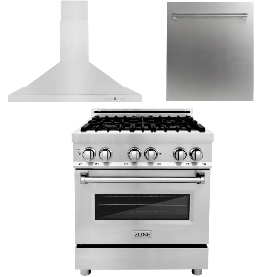 30 in. Dual Fuel Range, Range Hood, Dishwasher R806