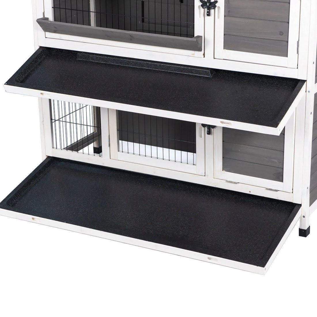 Two Floors Wooden Bunny Hutch Rabbit Cage with Feeding Trough F2651