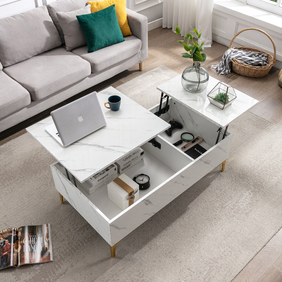 Modern White Lift Top Marble Coffee Table with Storage Z202916