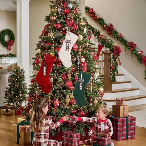 Set of 6 White Red Green 18" Cable Knitted Christmas Stockings with Wooden Name Tags Z930676