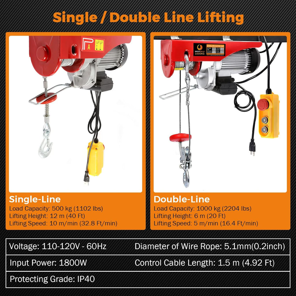 2200lbs 1500lbs Electric Hoist Winch Overhead Engine Lift 110-120 Volt with Remote Control E2662