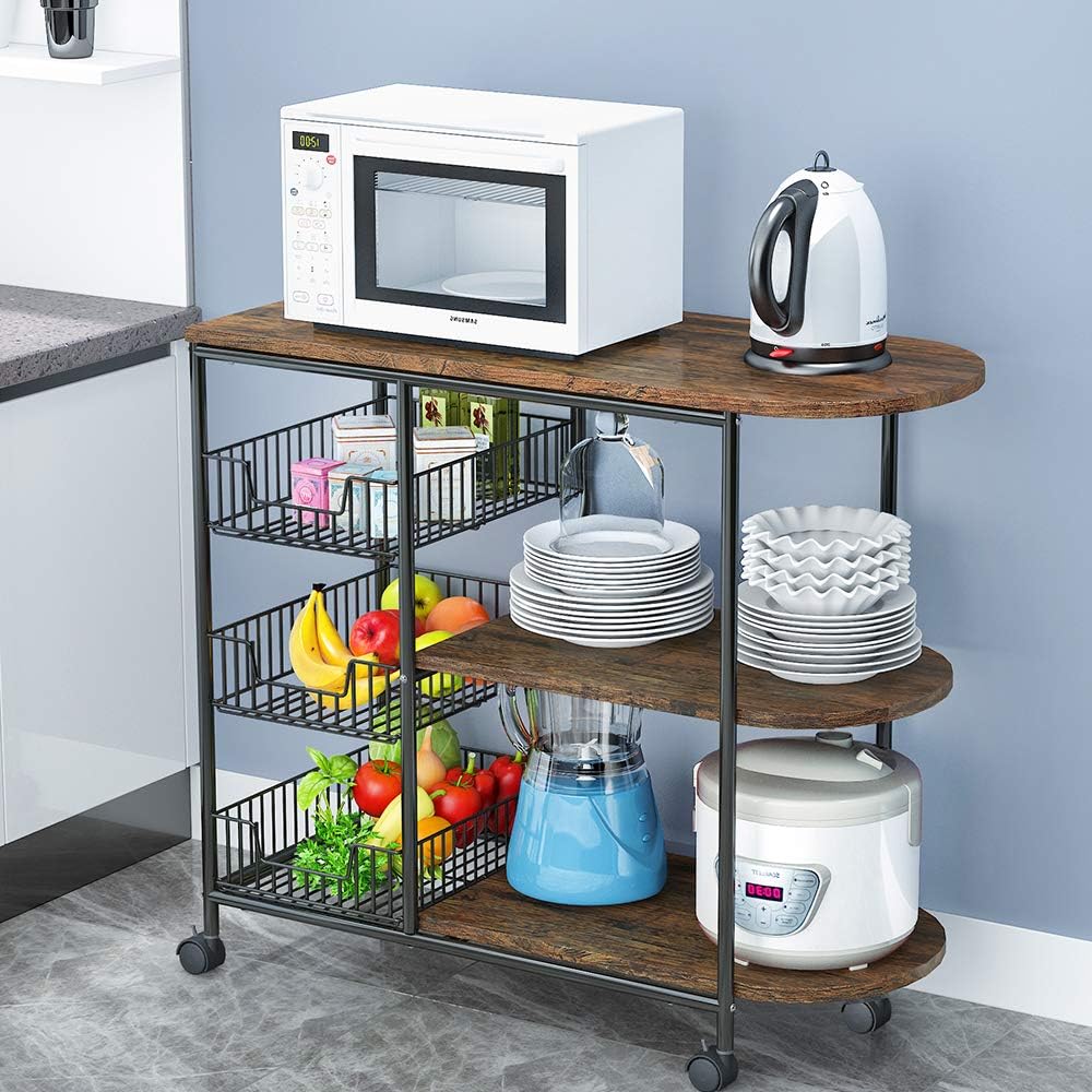 3-Tier Kitchen Island Cart with 3 Metal Baskets, 4 Wheels T6292