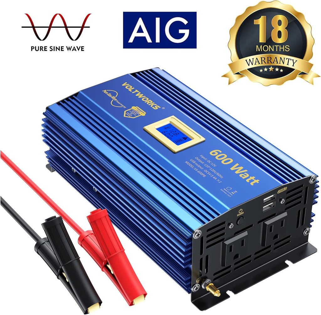 600 Watts Pure Sine Wave Power Inverter DC 12V to AC 110V 120V with USB Port & LCD Display G7590