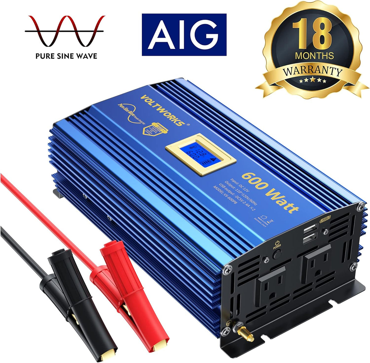 600 Watts Pure Sine Wave Power Inverter DC 12V to AC 110V 120V with USB Port & LCD Display G7590
