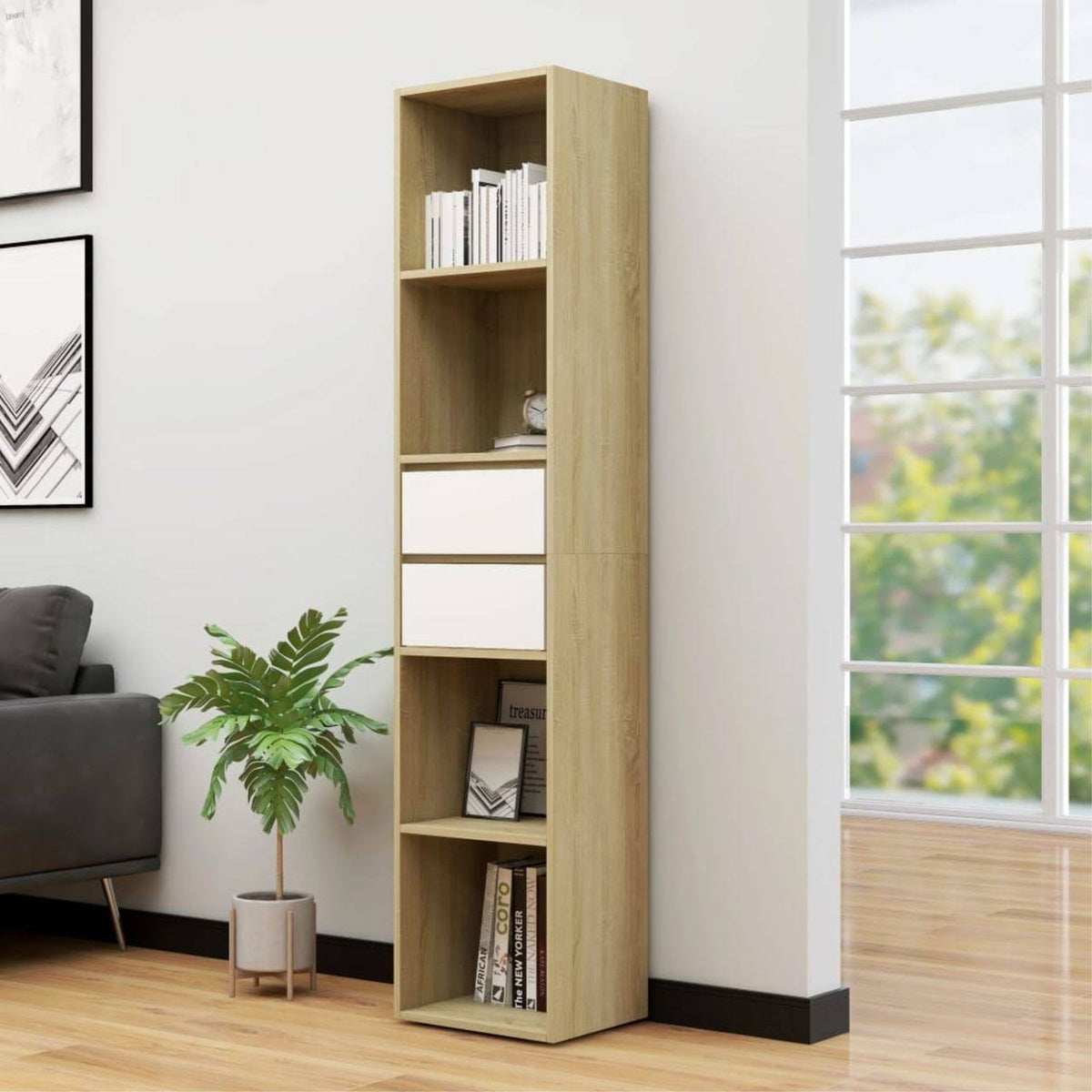 White and Sonoma Oak Chipboard Book Cabinet V59089