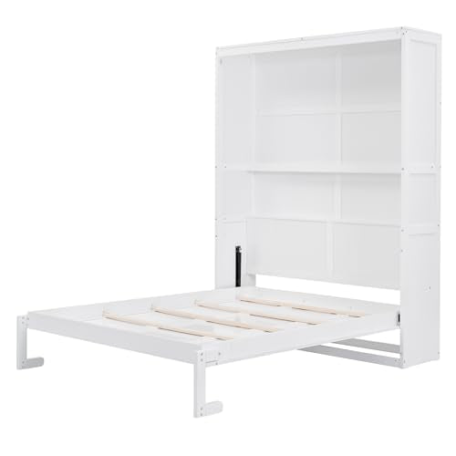 Queen Size Wood Murphy Bed with Shelves, Grey Y174