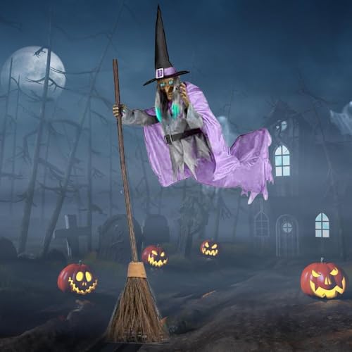6FT Animated Flying Witch Halloween Decor with Scary Sounds and Lights X288