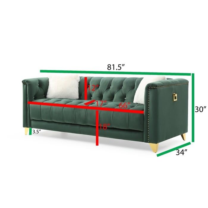 Green Deep Button Tufted Upholstered Sofa with Gold Legs K7069