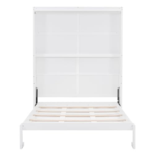 Queen Size Wood Murphy Bed with Shelves, Grey Y174