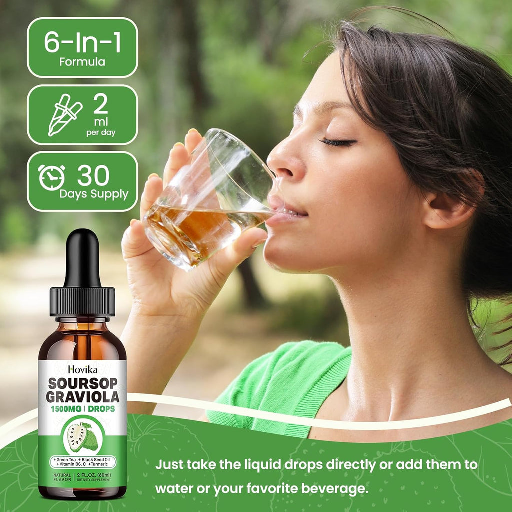 Soursop Graviola Liquid Drops 1500mg with Green Tea, Black Seed Oil, Turmeric, Natural-B Flavor 2 Fl Oz J460