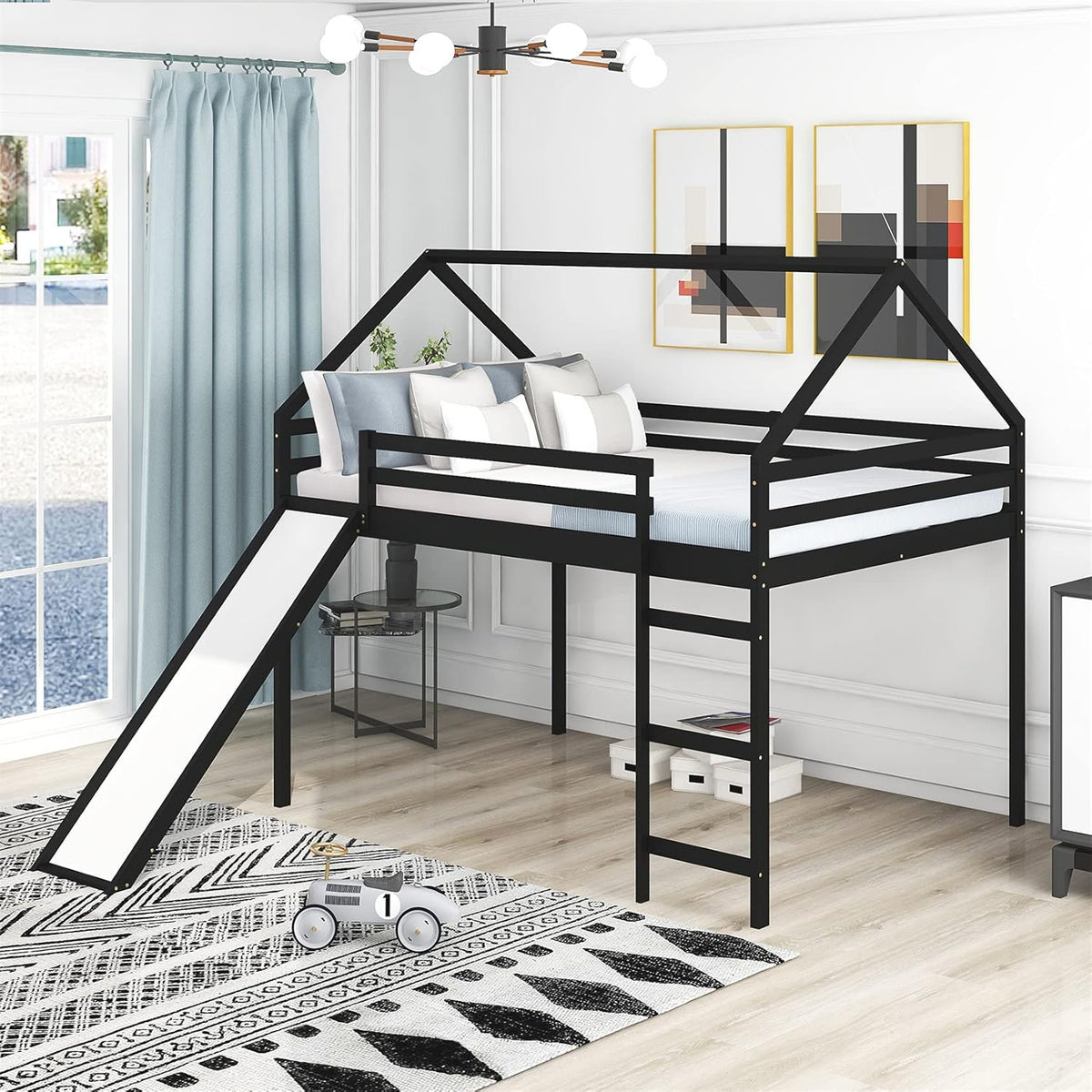 White Wood Twin Loft Bed with Slide and Staircase Y3177