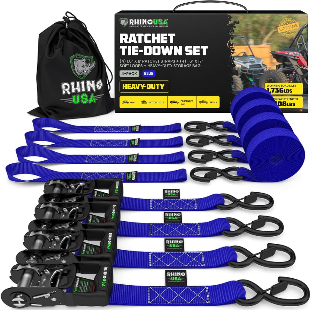 Ratchet Straps Tie Down Kit with Padded Handles & Coated S Hooks + Soft Loop Tie-Downs T46273