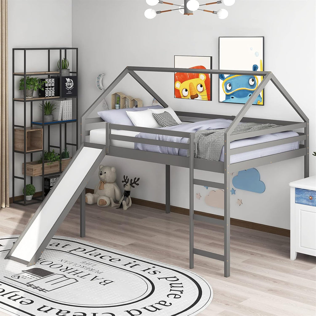 White Wood Twin Loft Bed with Slide and Staircase Y3177