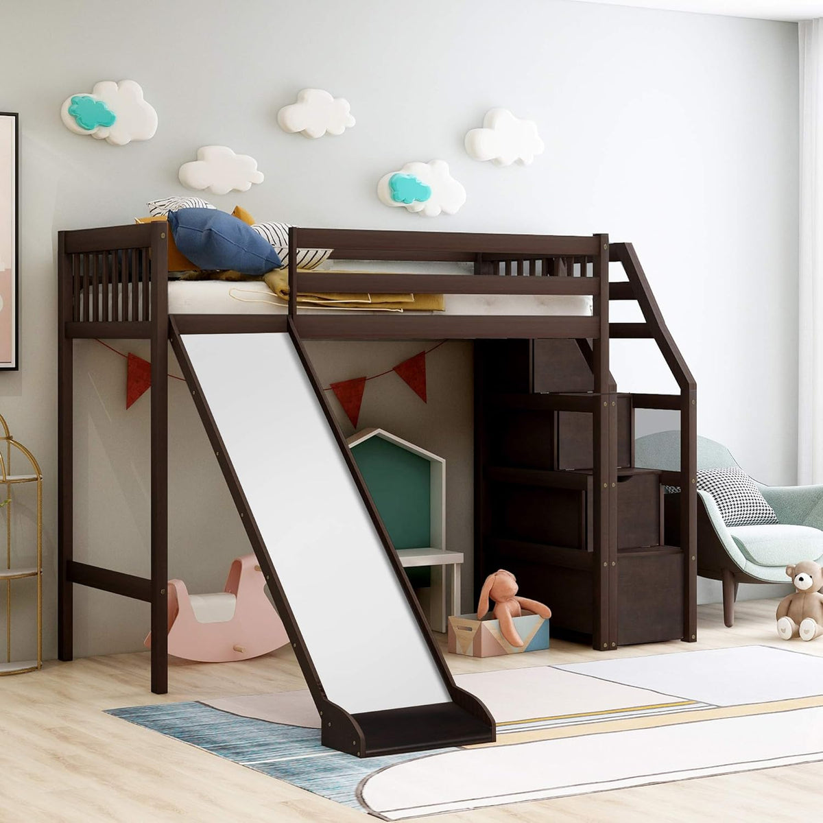 White Wood Twin Loft Bed with Slide and Staircase Y3177