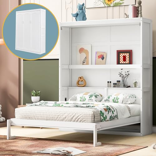 Queen Size Wood Murphy Bed with Shelves, Grey Y174