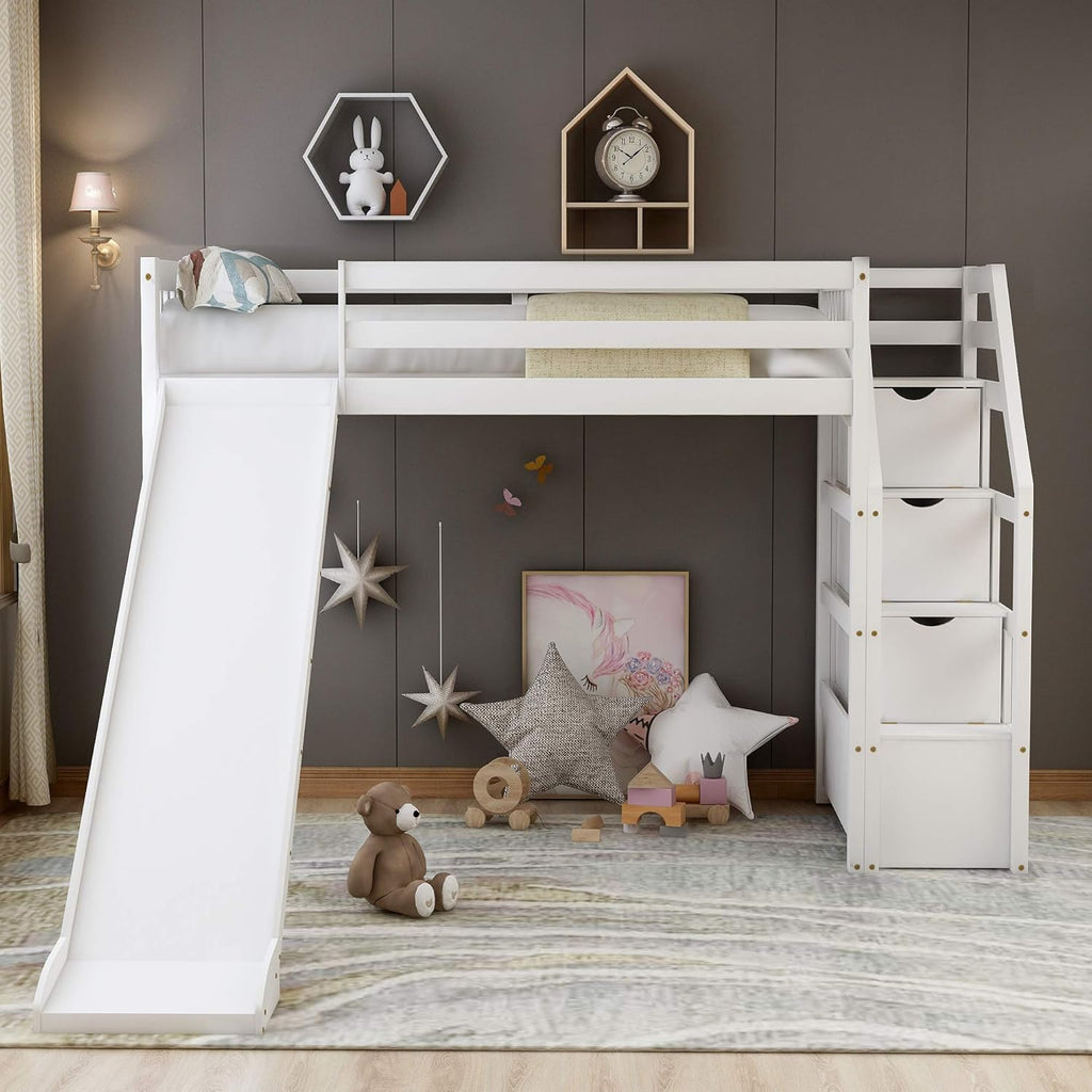White Wood Twin Loft Bed with Slide and Staircase Y3177