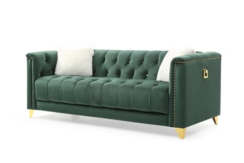 Green Deep Button Tufted Upholstered Sofa with Gold Legs K7069